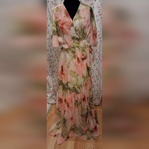 NWOT Hope & Ivy Briella Pink & Green Floral Chiffon Wrap Maxi Dress SZ 16